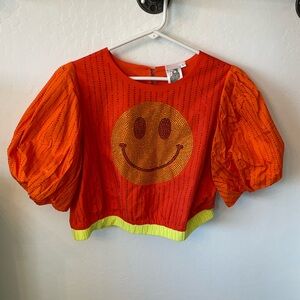 QUEEN OF SPARKLES Orange and Yellow Crop Top with Smiley Face